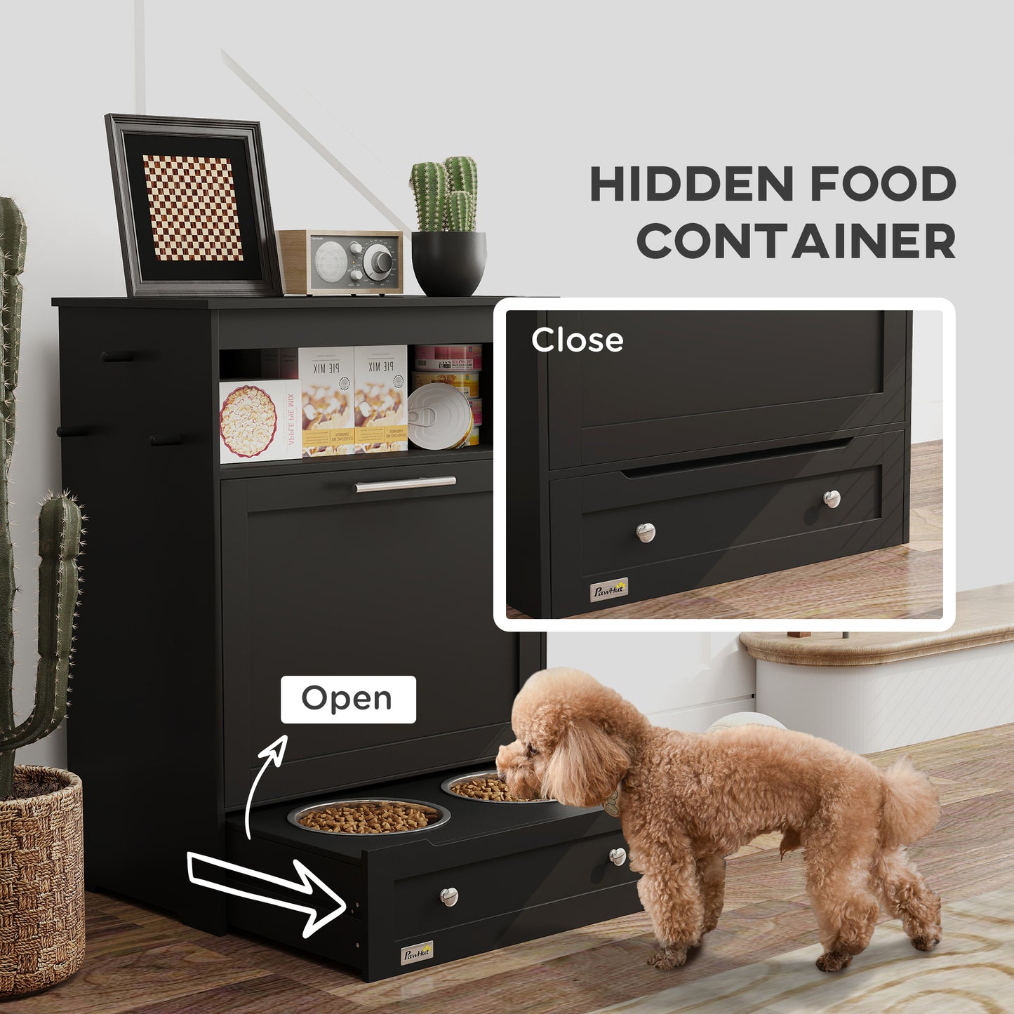 Pet Feeder Station with Storage Cabinet and Raised Bowls - Black