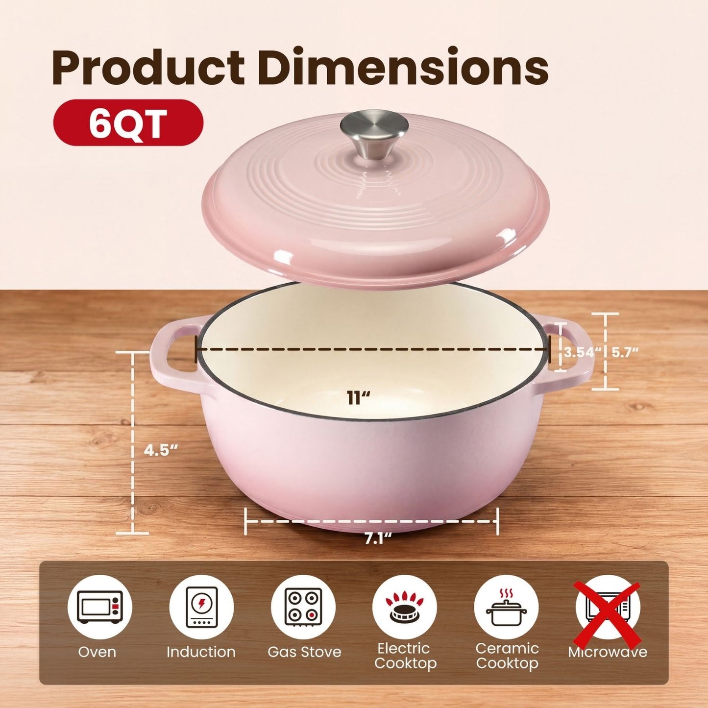 6 Quart Enameled Cast Iron Dutch Oven with Moisture-Sealing Lid