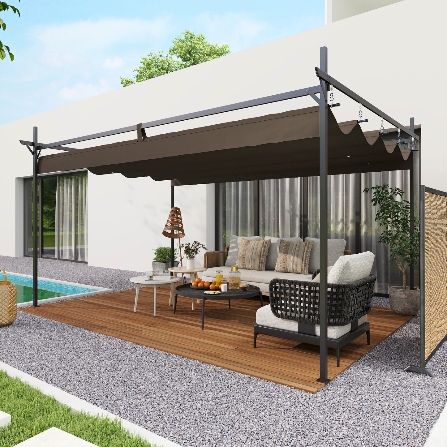 Retractable Metal Pergola Canopy - Outdoor Garden Shade, Brown