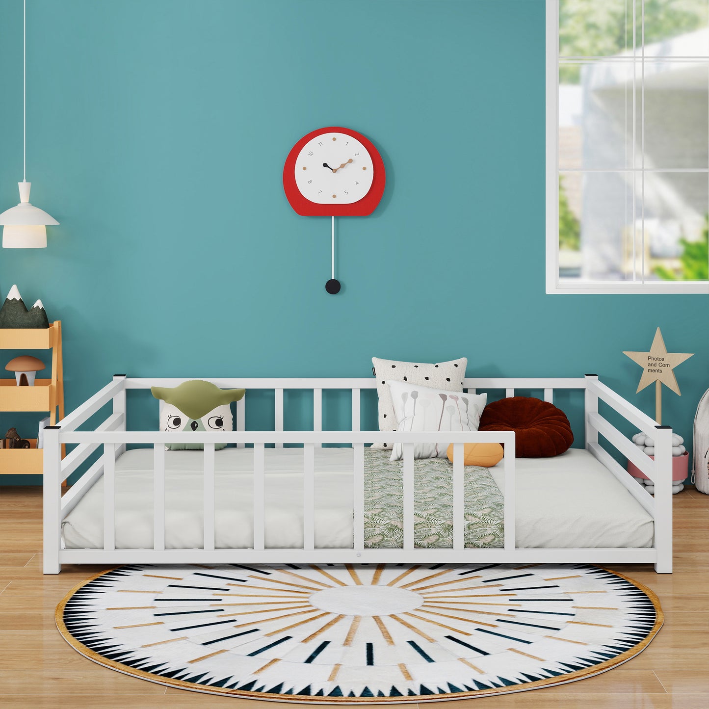 Full Size Low Profile Metal Bed Frame with Guardrails - White