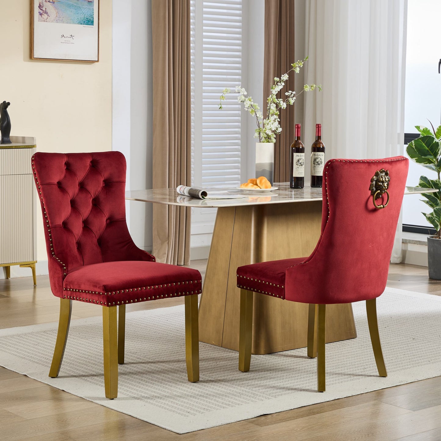Mid-Century Modern Dining Chairs with Lion Head Pull Ring - Set of 2, Wine Red
