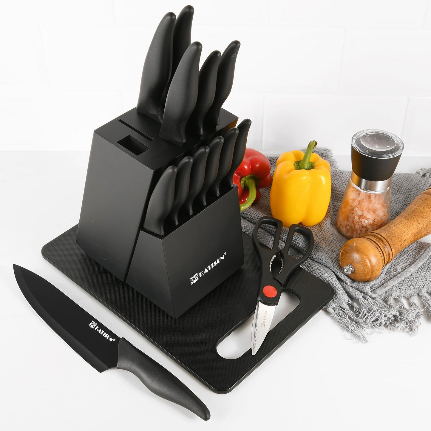 16-Piece Kitchen Knife Set with Cutting Board & Sharpener - Black