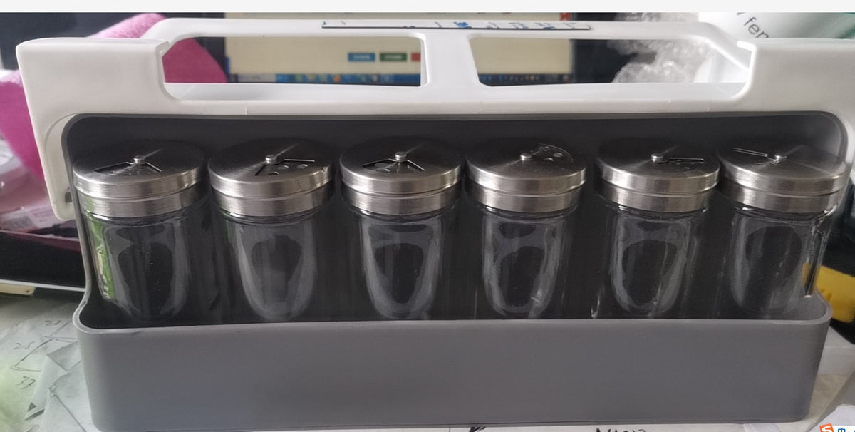 Hanging Spice Jar Storage Rack for Kitchen - 6 Glass Bottles, Punch-Free Design