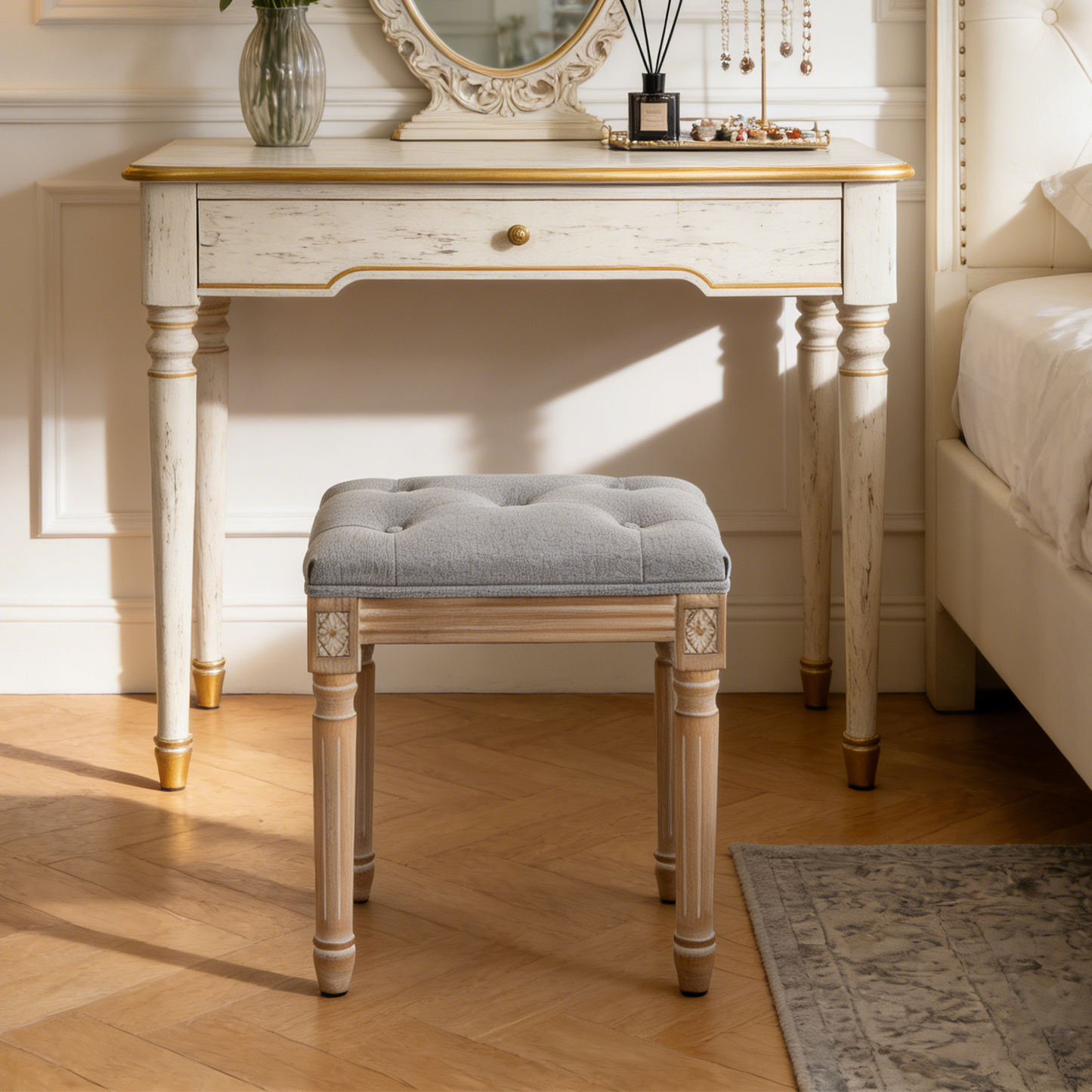 Grey Tufted Vanity Stool with Solid Wood Legs - Bedroom Bench