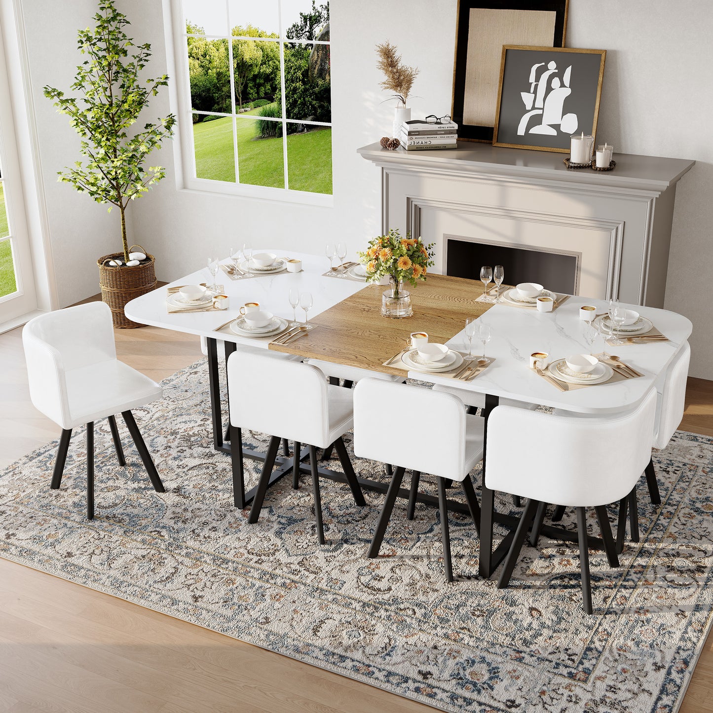 9-Piece Square Dining Table Set with White Faux Leather Chairs