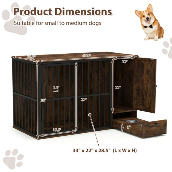 2-in-1 Dog Crate End Table with Pull-Out Feeder - Chew-Resistant Metal Pet Furniture