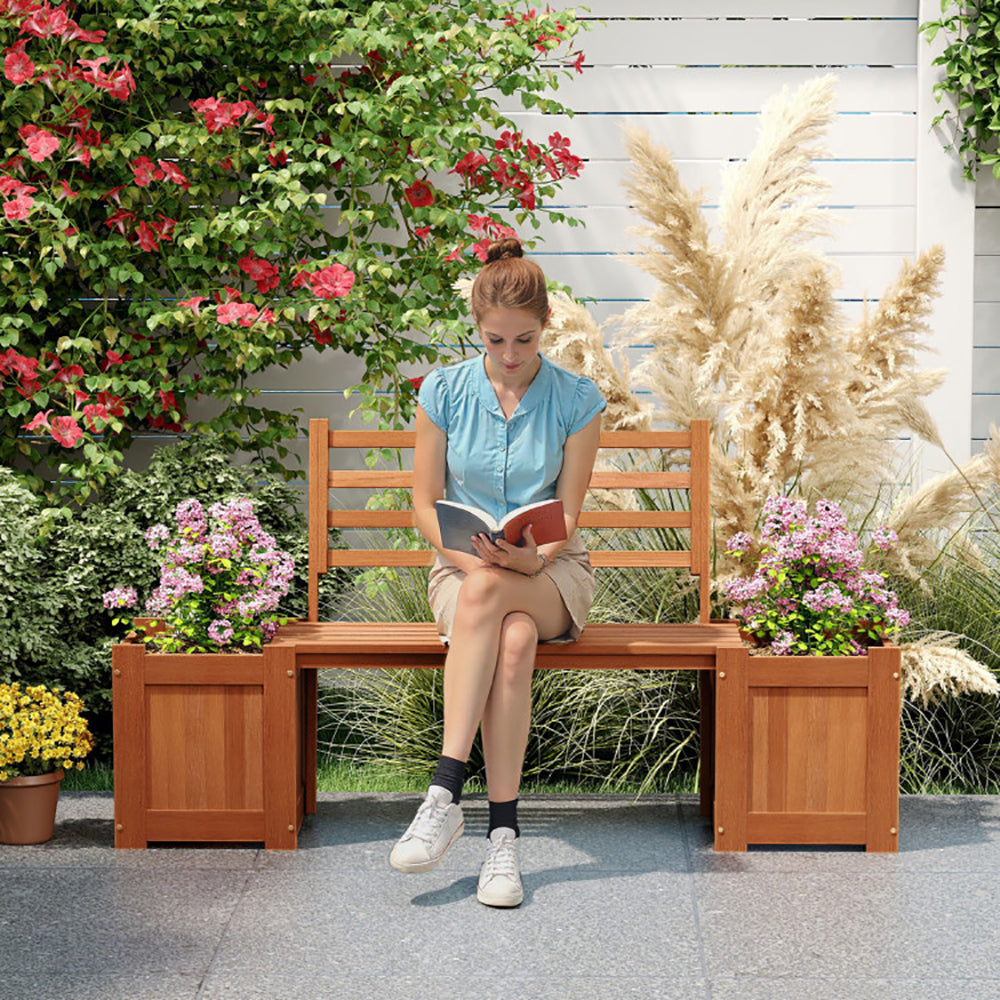 Wooden Planter Bench Set with 2 Open-ended Planter Boxes - Natural
