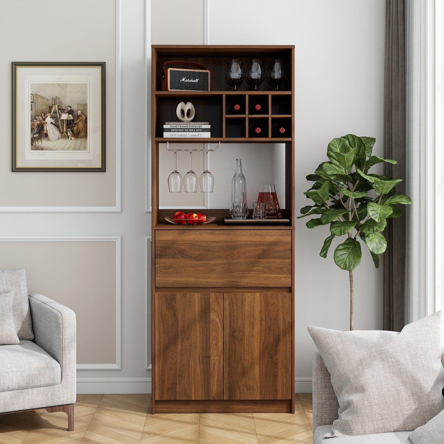 Walnut Kitchen Wine Cabinet - Multi-Functional Storage