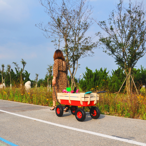 All Terrain Garden Wagon with Wood Railing and Air Tires for Outdoor Use