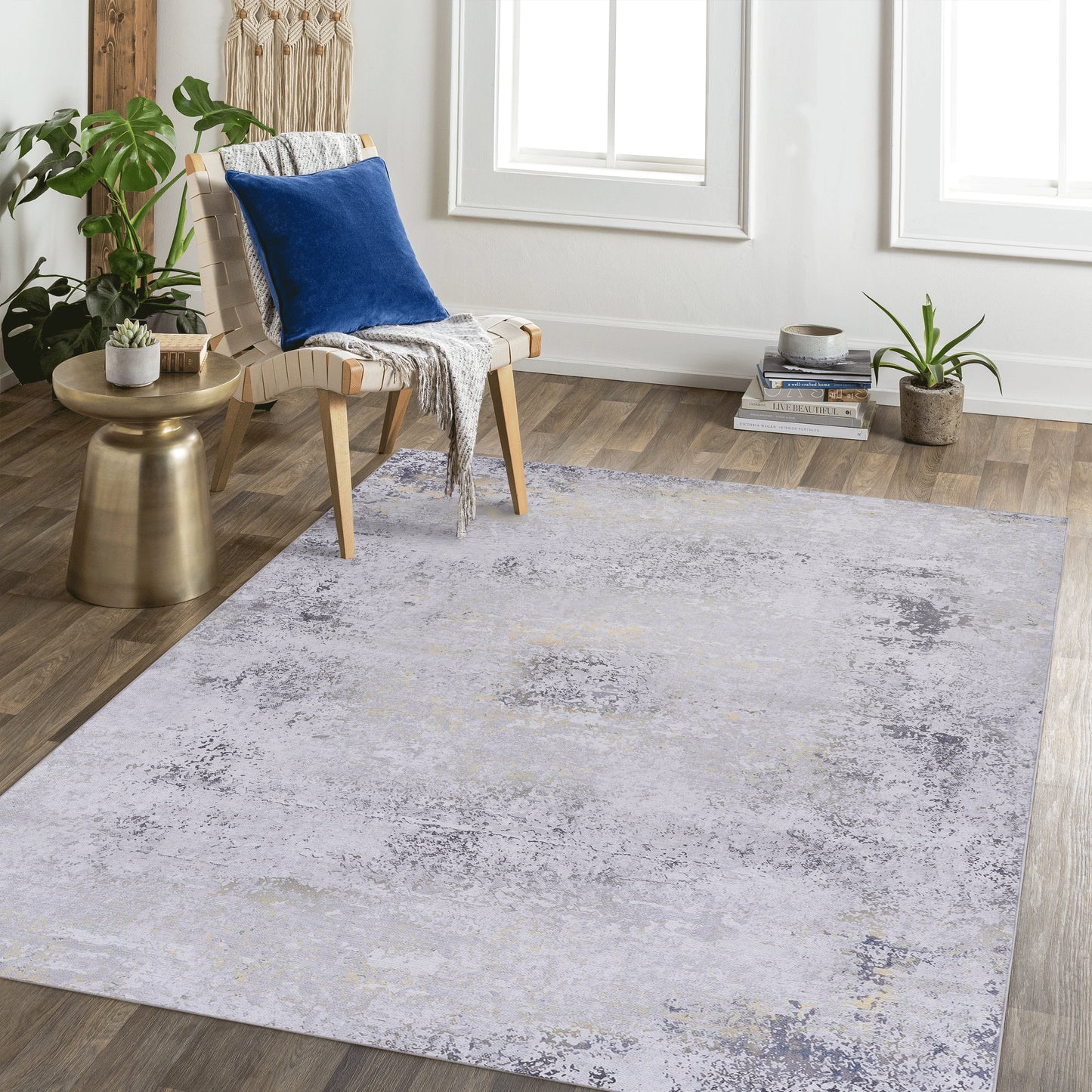 MAVAL Gold Washable Rug 8x10 Area Gray Gold, 8' X 10'