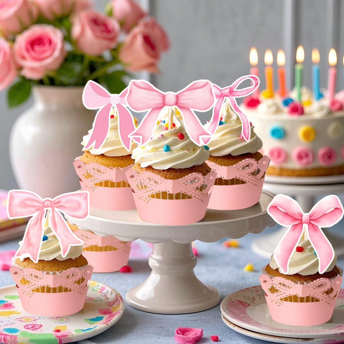 48-Piece Pink Bow Cupcake Toppers Kit - Party Supplies