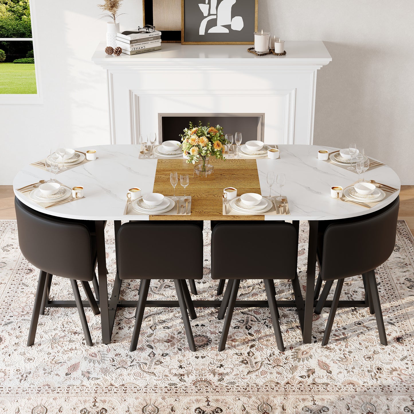 9-Piece Oval Dining Table Set, Fixed White Faux Marble & Wood Grain