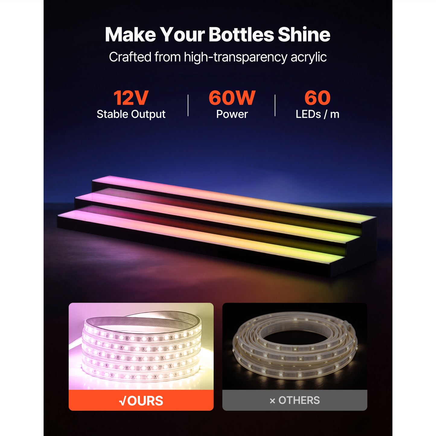 LED Liquor Bottle Display Shelf with Remote & App Control, 3 Tiers, Acrylic Illuminated Home Bar, 48 Inch
