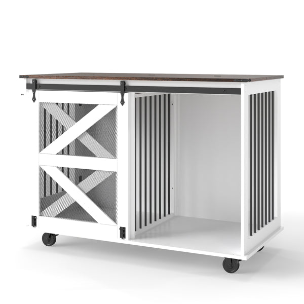 47.2-Inch Dog Crate with Flip-Top Feeding Door, Dual-Access & Locking Casters