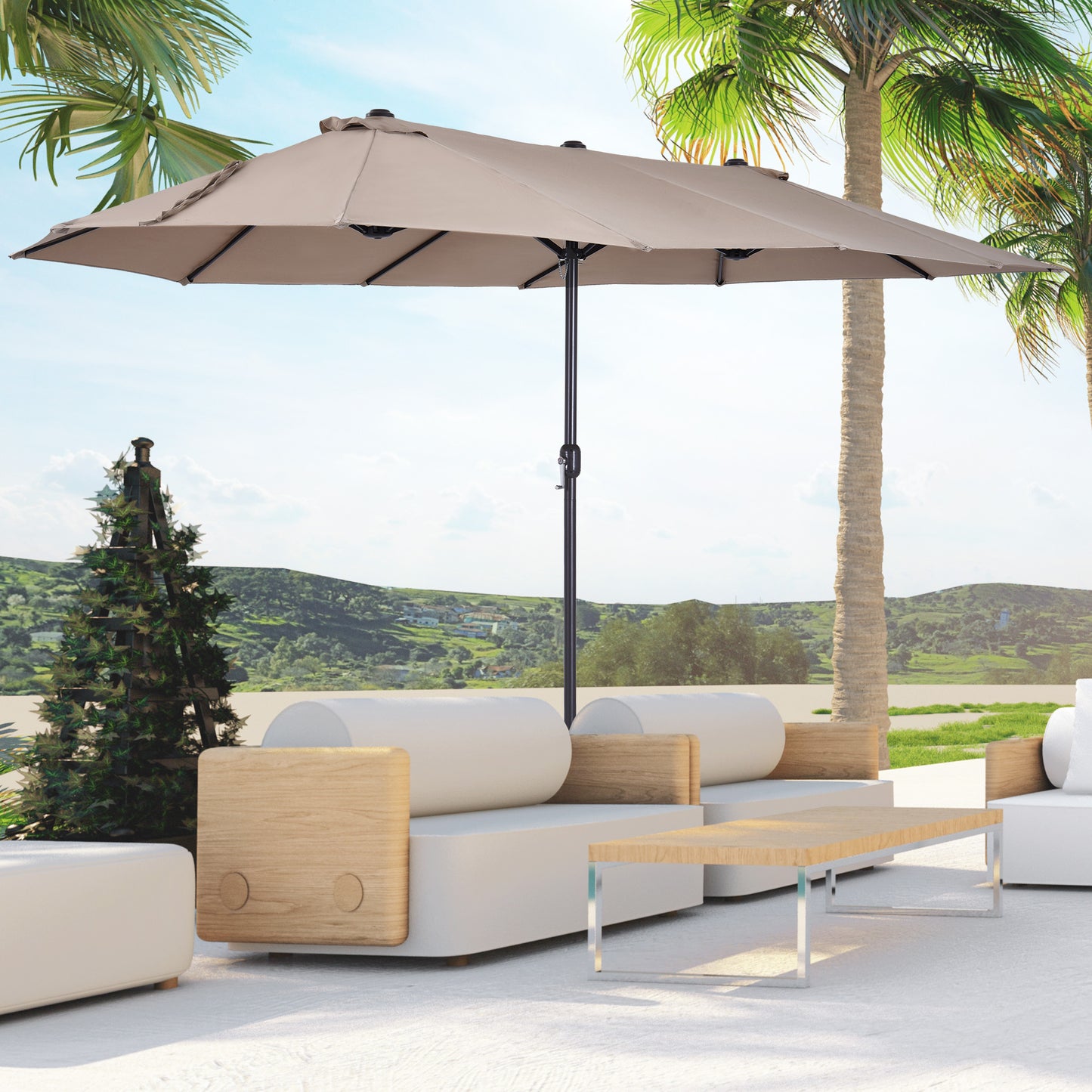 15ft Double-Sided Patio Umbrella with Crank Handle - Tan