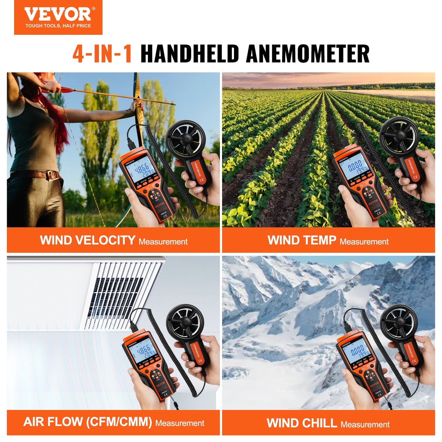 Digital Wind Speed & Temperature Meter with LED Backlight - Orange