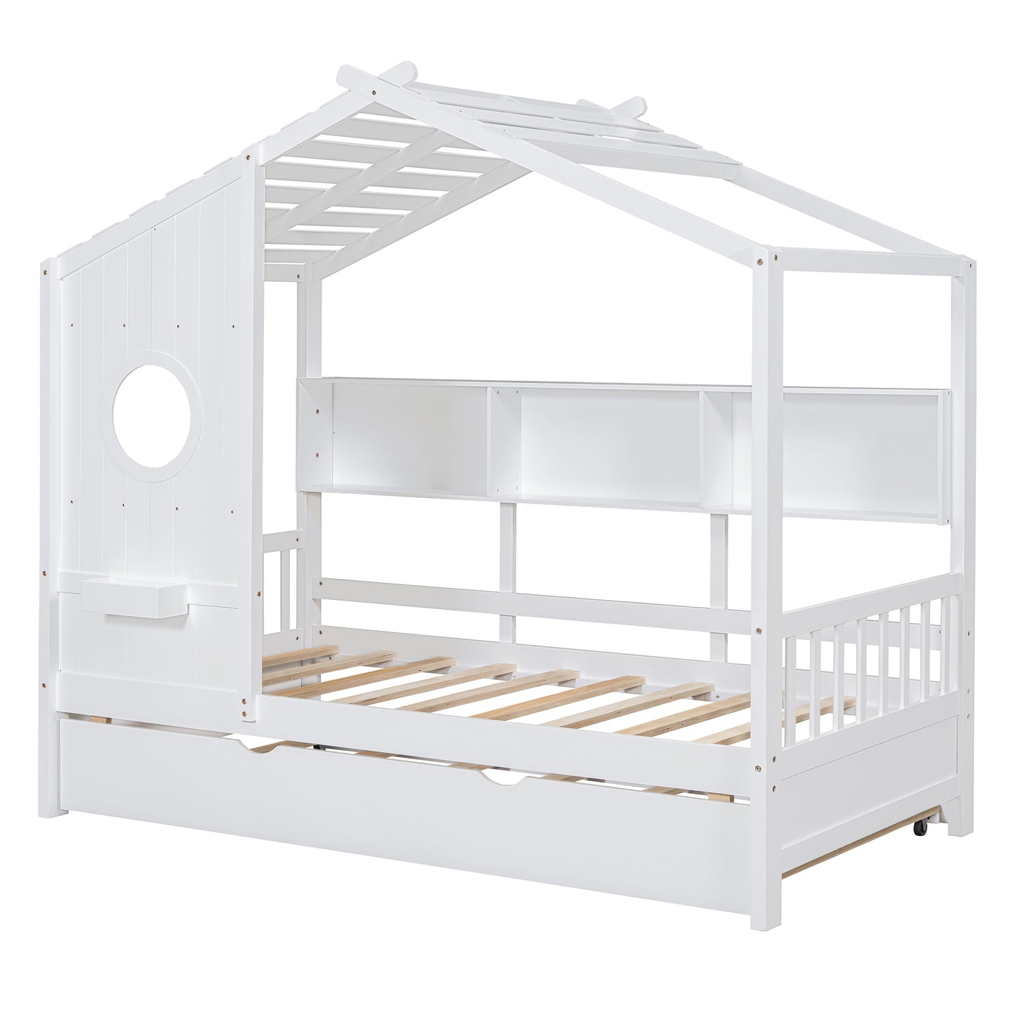 Wooden Twin Size House Bed With Trundle, Modern Design For Kids
