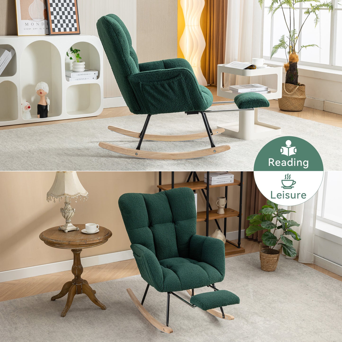 Teddy Fabric Rocking Chair with Adjustable Footstool - Green