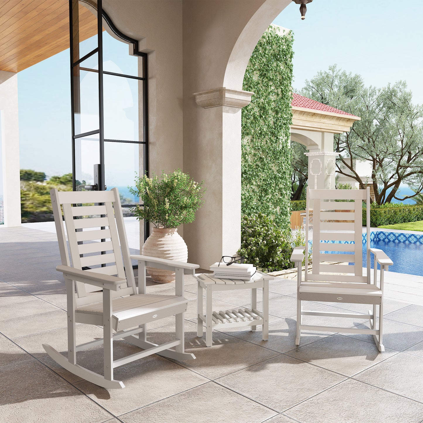Set of 2 Outdoor Rocking Chairs - HDPE Patio Rockers, White