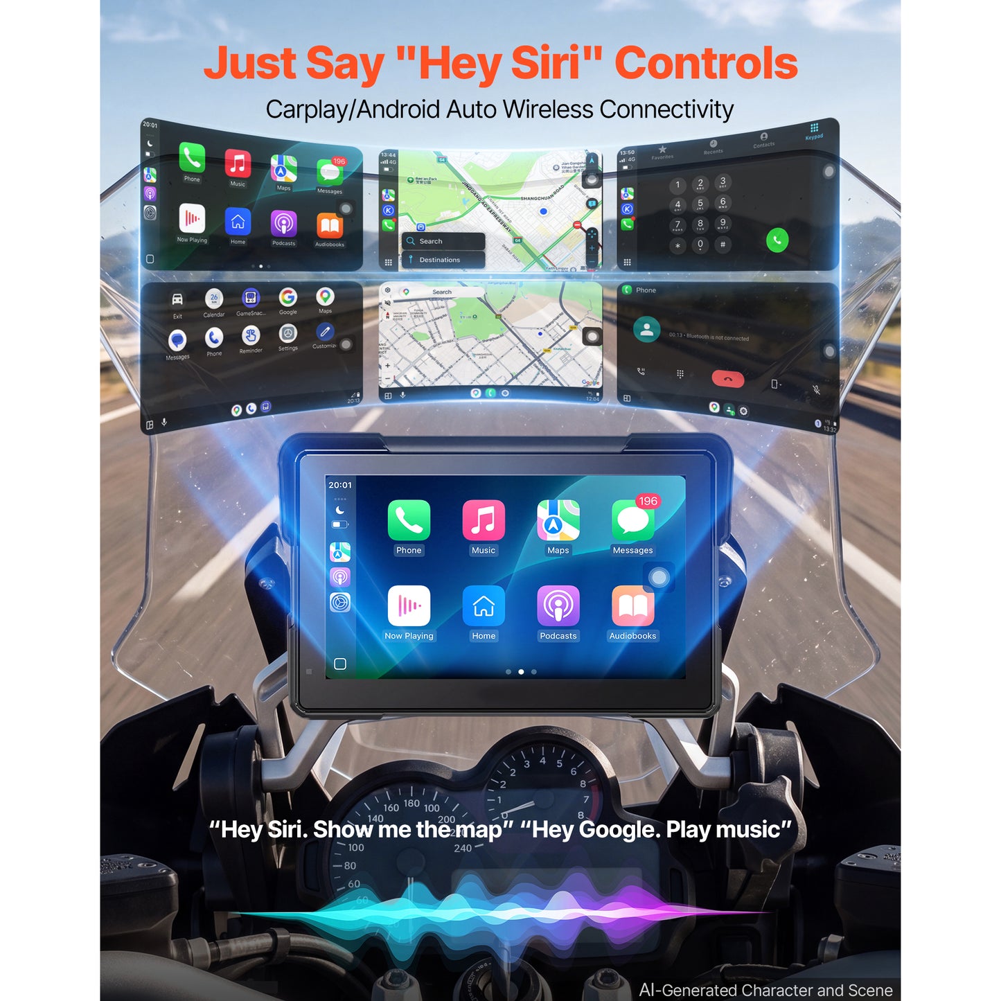 7 Inch Wireless Carplay GPS Navigation System for Motorcycles & Cars with Touchscreen & Voice Control