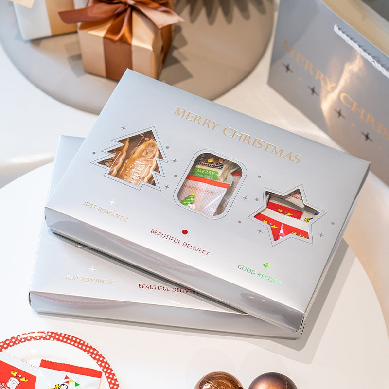Christmas Pastry Packaging Box Set with Bear & Snowflake Ties - Holiday Cookie Gift Box