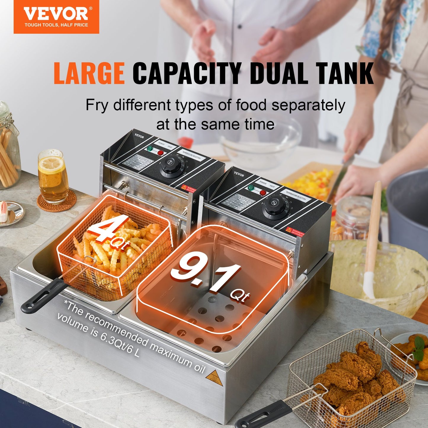 Commercial Electric Deep Fryer with Dual 10.6 Qt Tanks, Adjustable Temperature