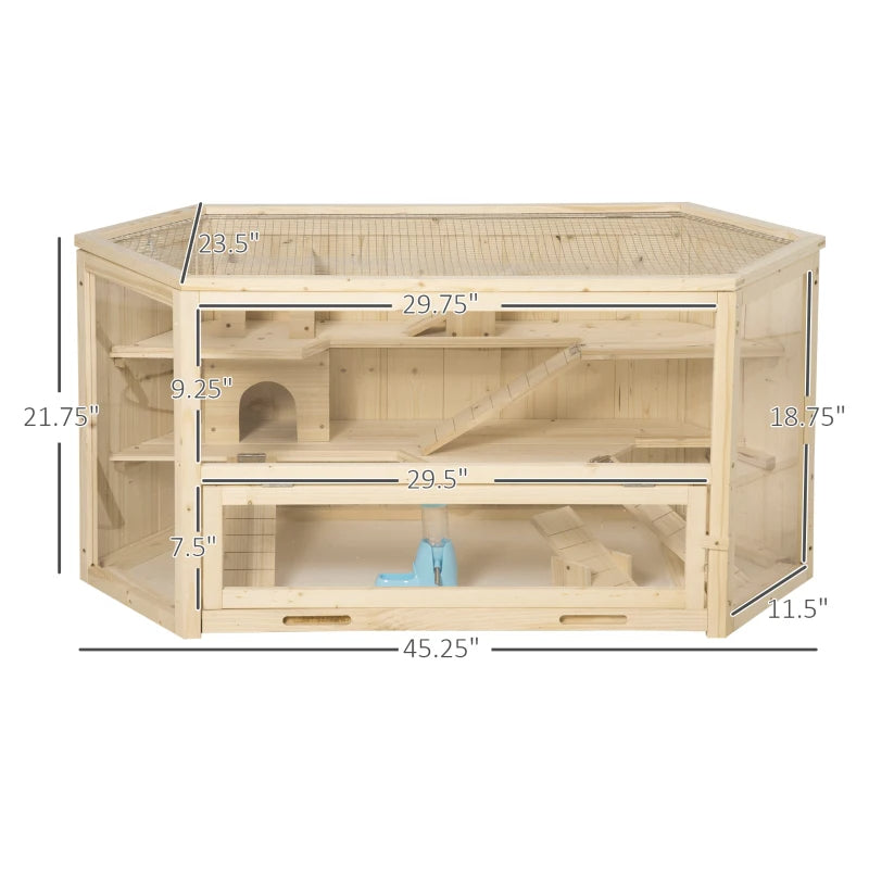Large Wooden Hamster Cage with 3 Tiers, Activity Center & Water Bottle