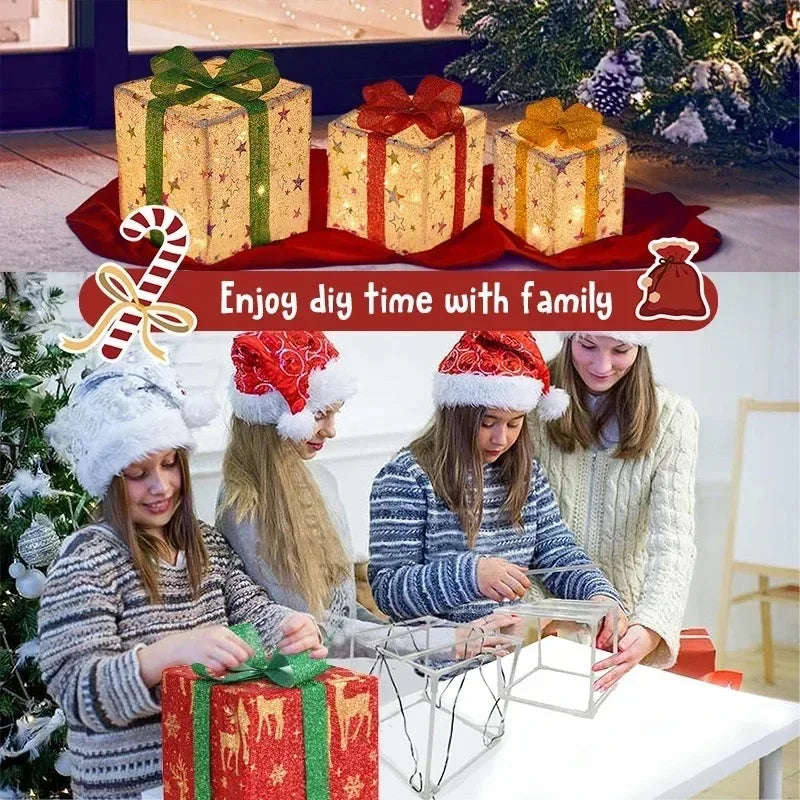 Lighted Christmas Gift Boxes Set of 3 with Remote & Bow Decor - Indoor Outdoor Holiday Decor