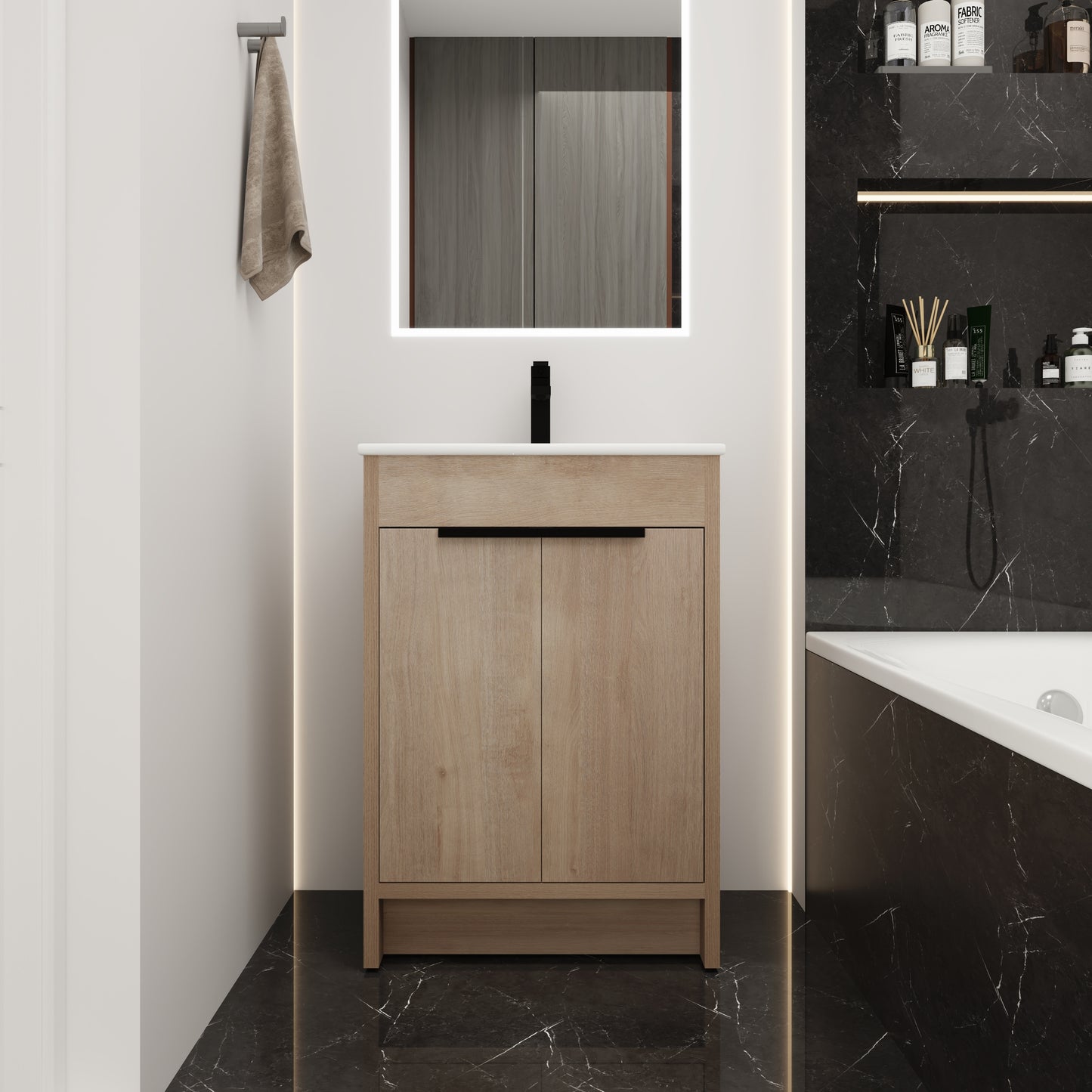 Freestanding Bathroom Vanity With White Ceramic Sink & 2 Soft-Close