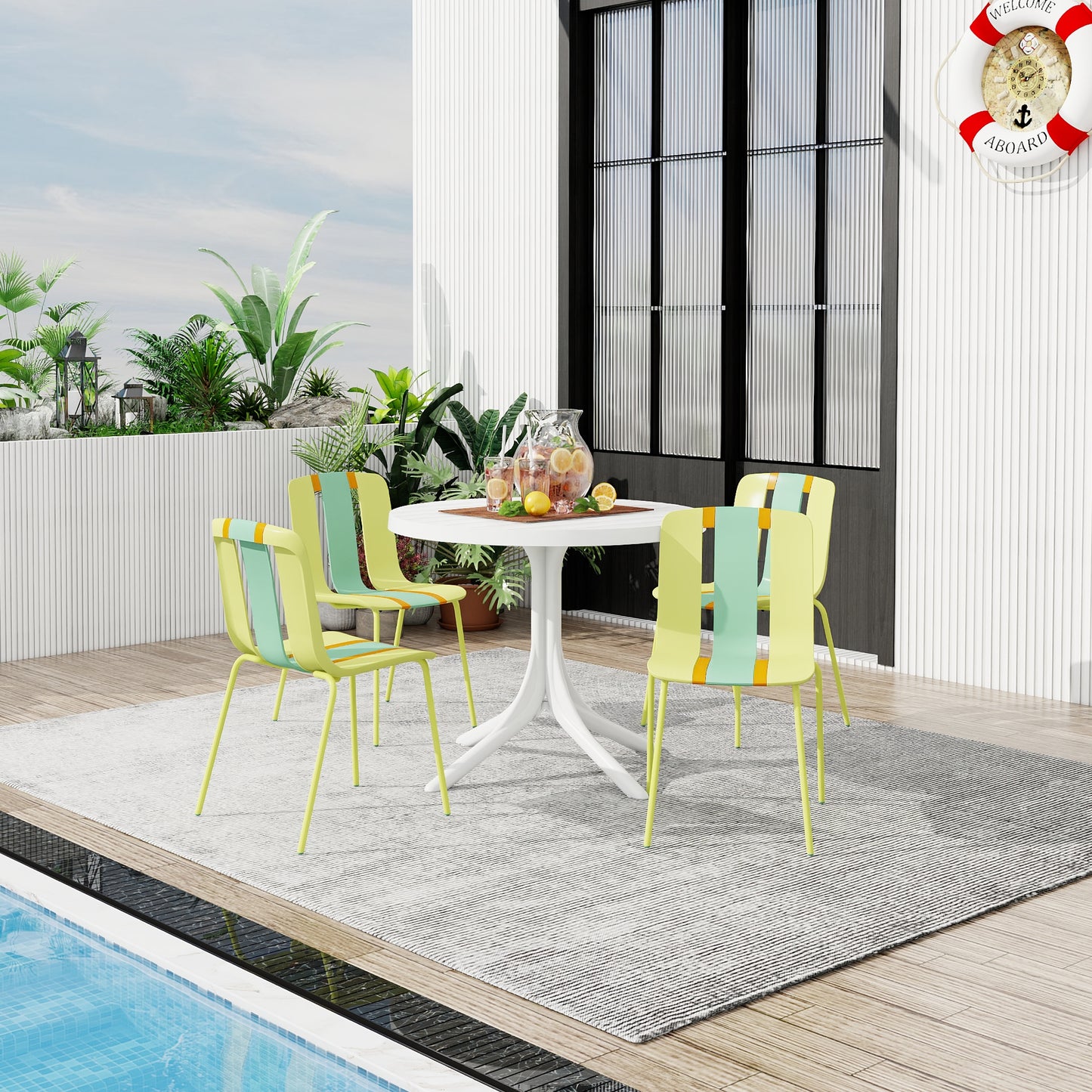 Modern Striped Color Block Chairs Set - 4-Pack with Round Table - Yellow, Orange, Green