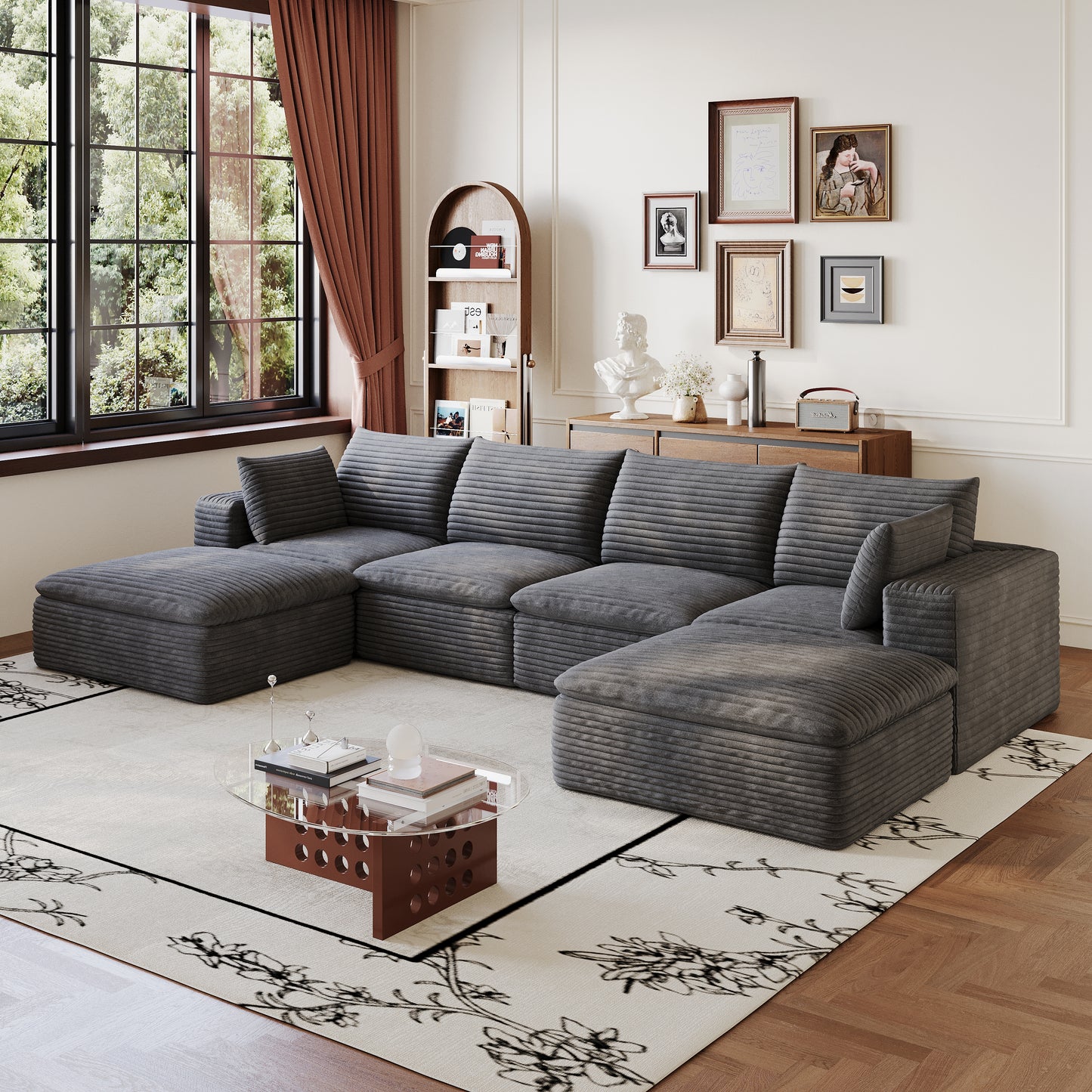 134" Cloud Sofa - Corduroy Fabric, Deep Seat Couch, Dark Grey