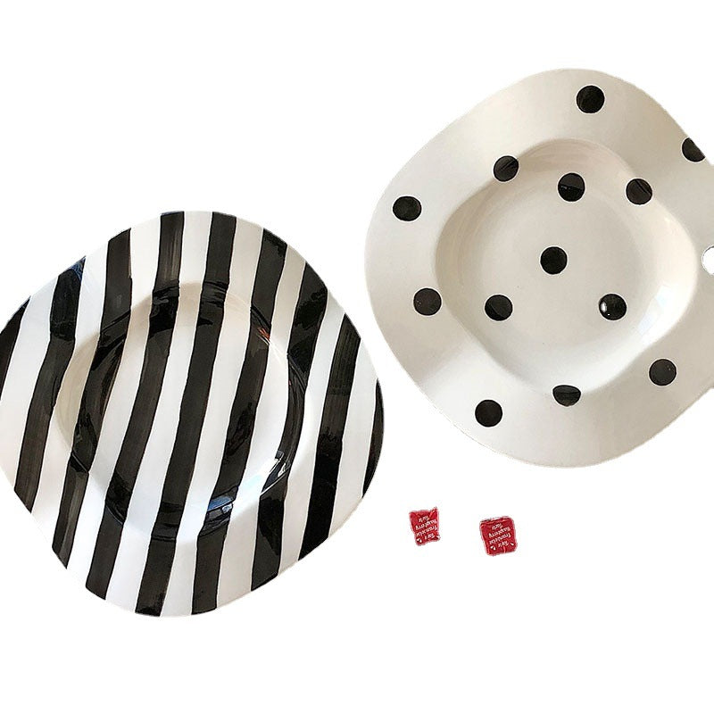 8-Inch Porcelain Breakfast Plate with Dot and Stripe Designs - Irregular Underglaze