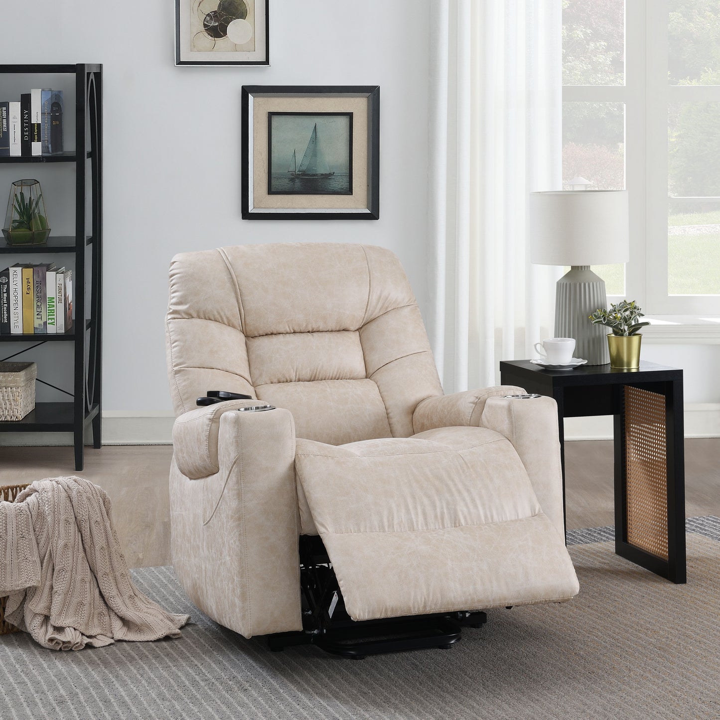 Ivory Leather Power Motion Recliner with Lift, Heating & Massage