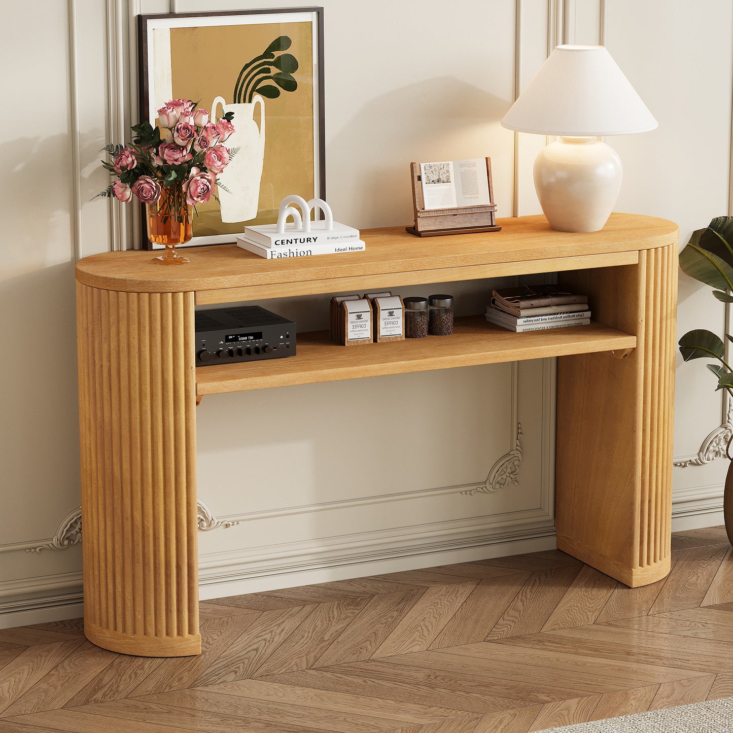 Rustic Console Table with Fluted Legs - Farmhouse Oval Accent Table