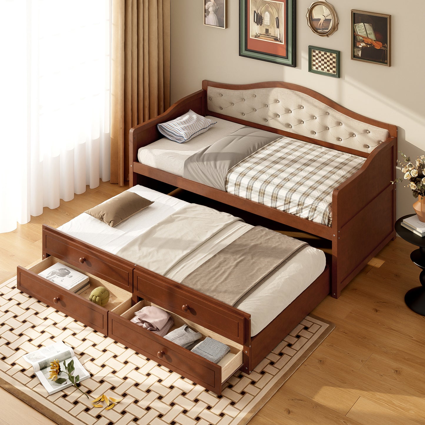 Twin Daybed With Trundle, Size 2 Storage Drawers, Wooden Sofa Bed
