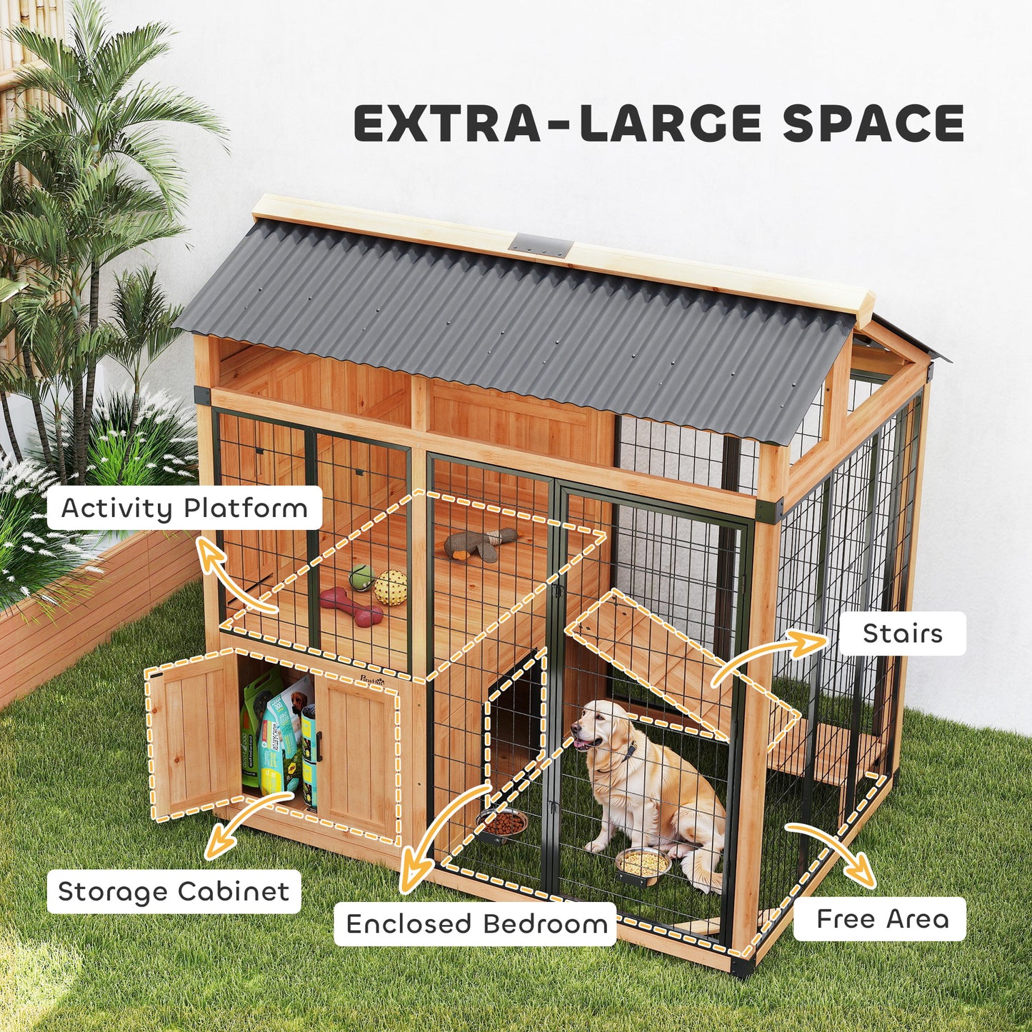 Large Outdoor Dog House with Platform and Storage Cabinet - Weatherproof Wooden Kennel