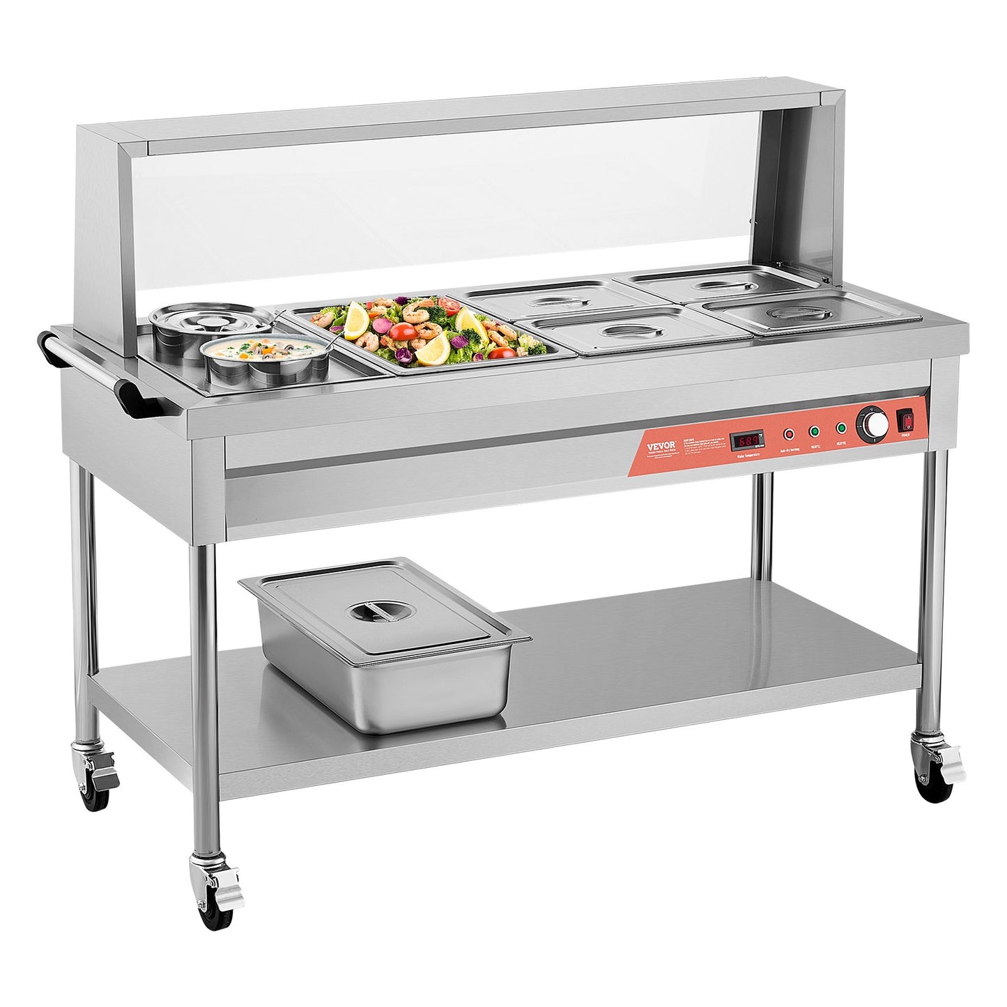Commercial Food Warmer Steam Table with 5 Pans 2 Pots & Undershelf Shield - Silver