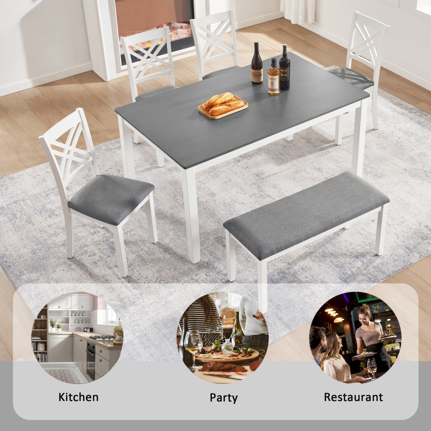 6-Piece Dining Set with Rectangular Table, Chairs & Bench - Grey & White