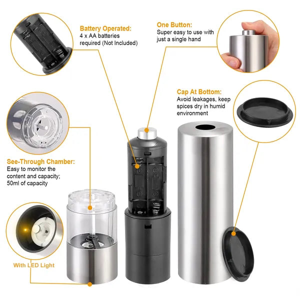Electric Salt and Pepper Grinder with Adjustable Coarseness - Silver