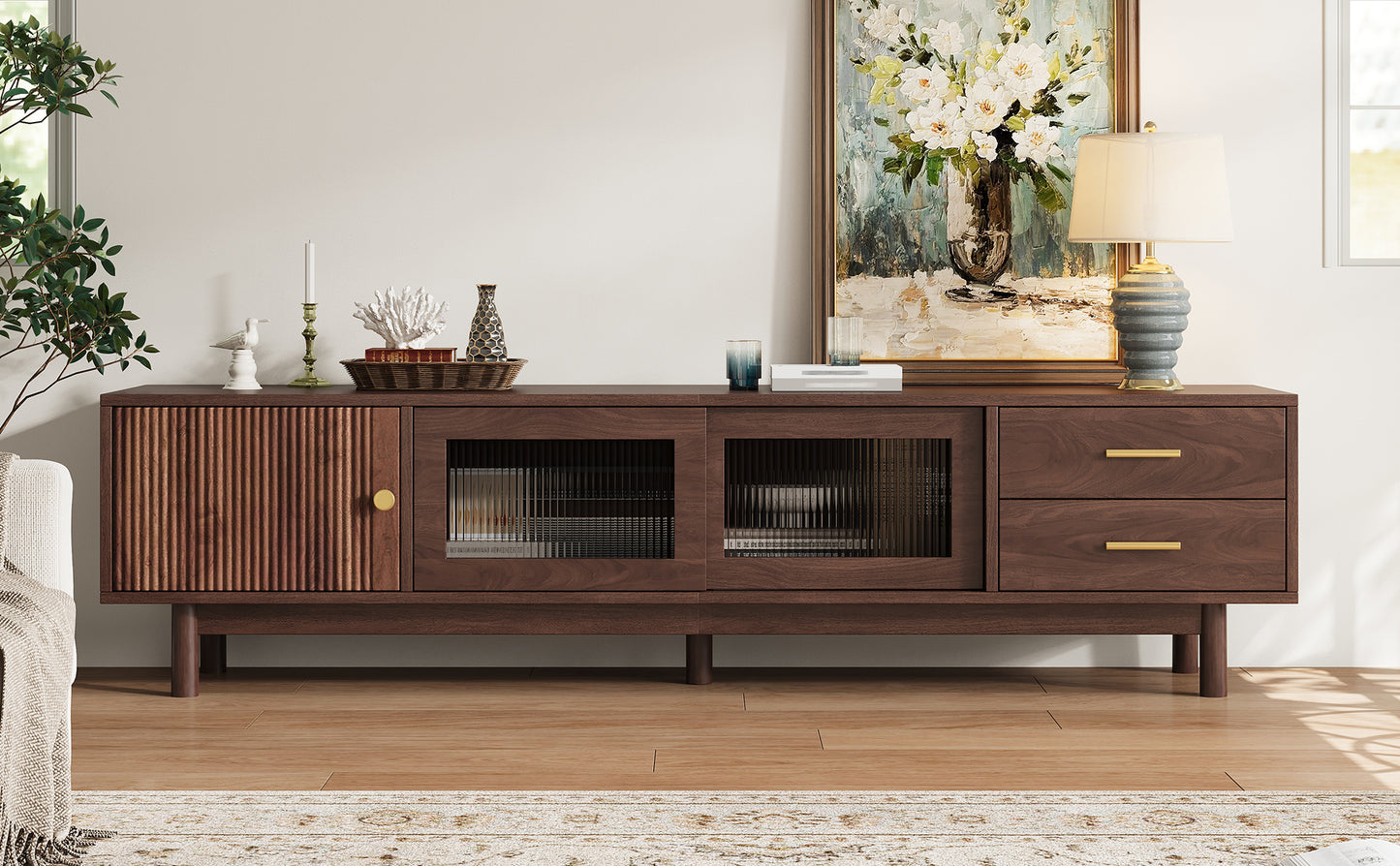 70-Inch Mid Century Modern TV Stand with Glass Sliding Doors