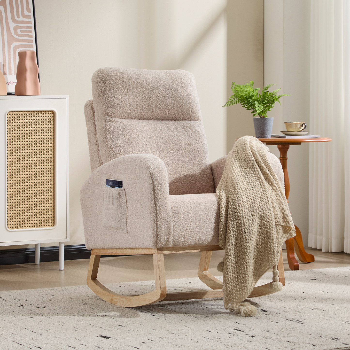 Modern Upholstered Rocking Chair with Solid Wood Legs - Beige