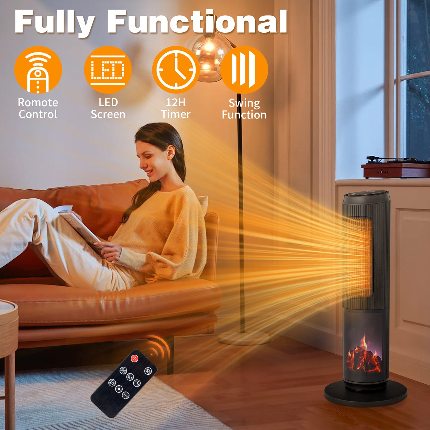 25-Inch Portable Tower Space Heater with Remote & 12H Timer - Black