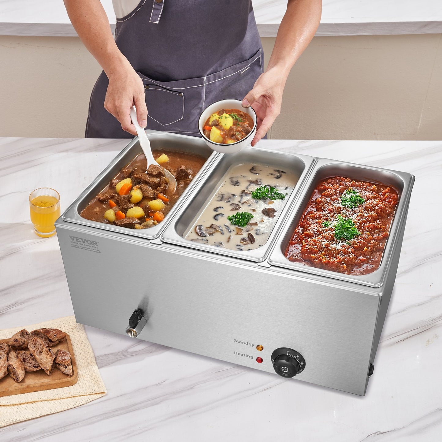 Commercial Food Warmer 3-Pan Countertop Buffet Bain Marie 24QT - Silver