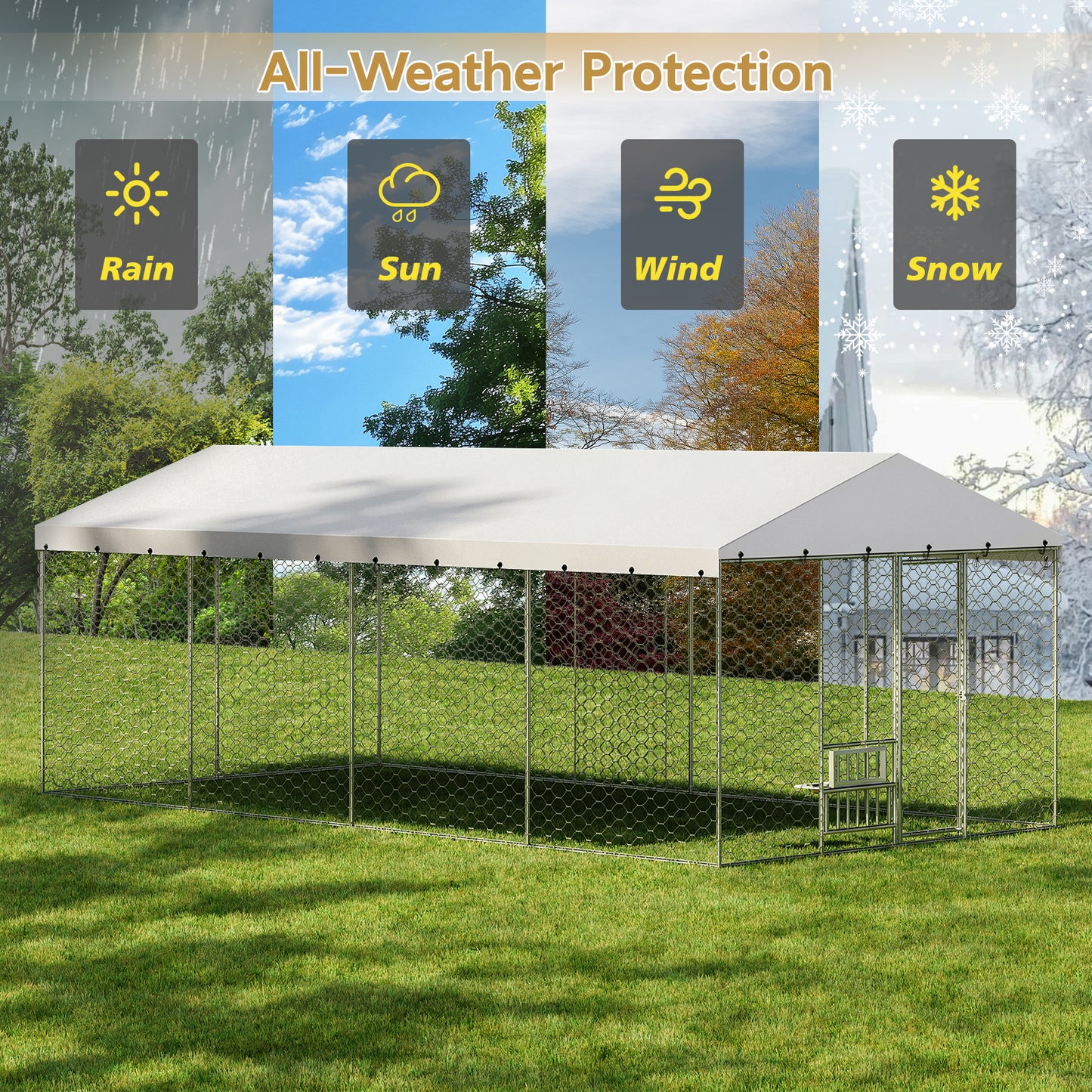 Large Outdoor Dog Kennel with Canopy - Heavy Duty Galvanized Steel Frame, Waterproof Cover, Elevated Feeders, Escape-Proof Lock - 20x10 ft