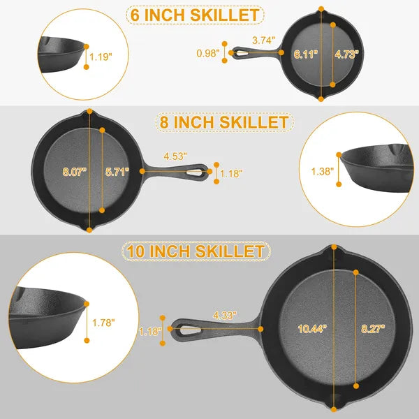 3-Piece Pre-Seasoned Cast Iron Skillet Set - 6, 8 & 10 Inch