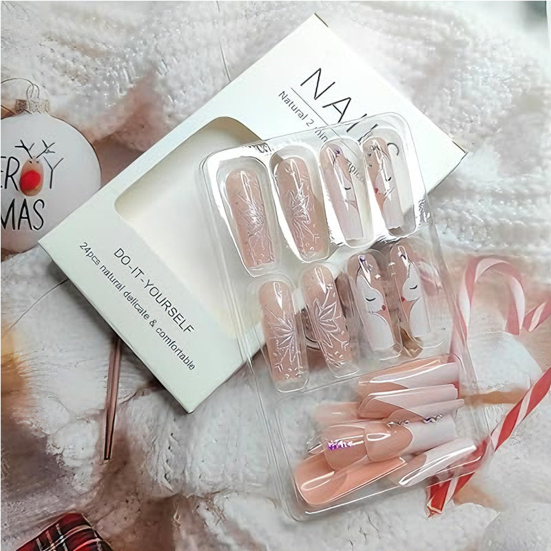 24-Piece Diamond Snowflake Press-On Nails - Long Square Pink Fake Nails