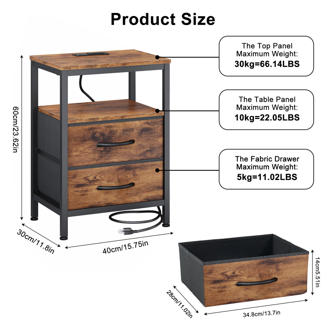 Compact Bedside Table with Charging Station & Fabric Drawers - Brown