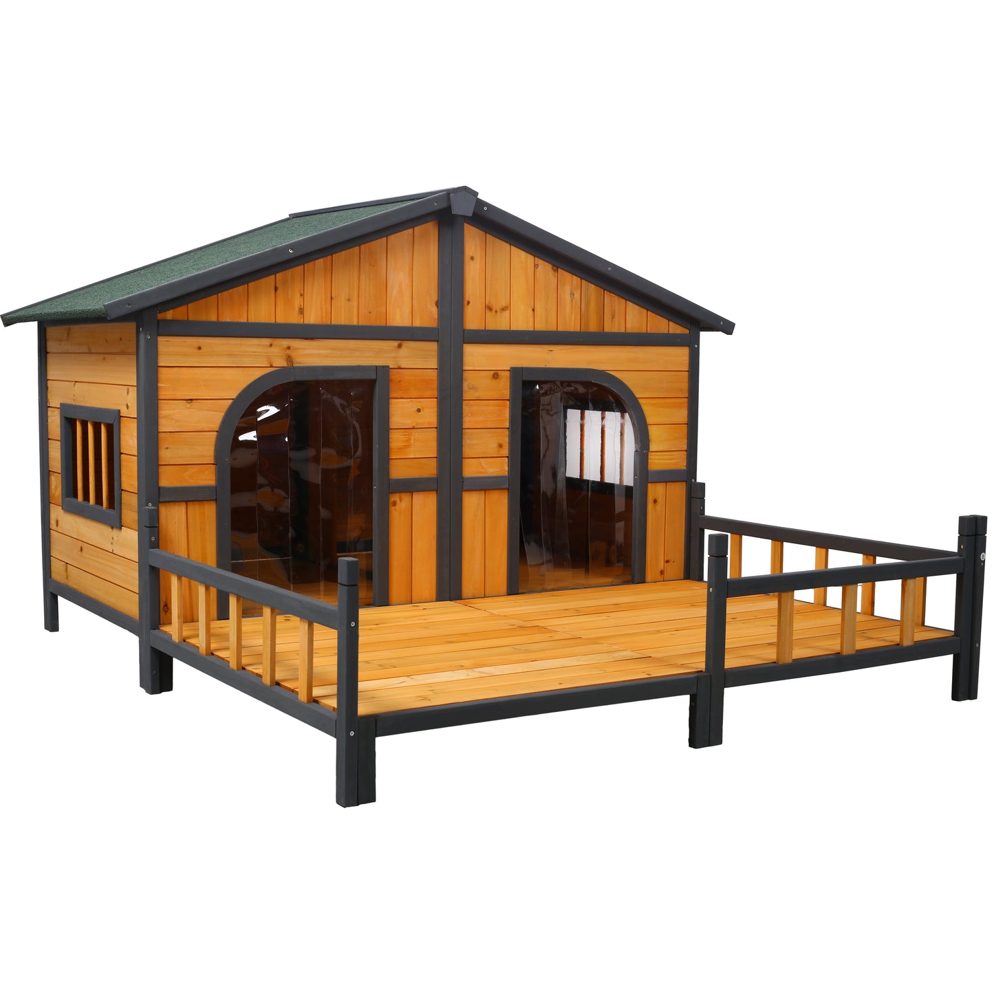 Large Wooden Dog House Outdoor Double Kennel with Porch & Elevated Floor