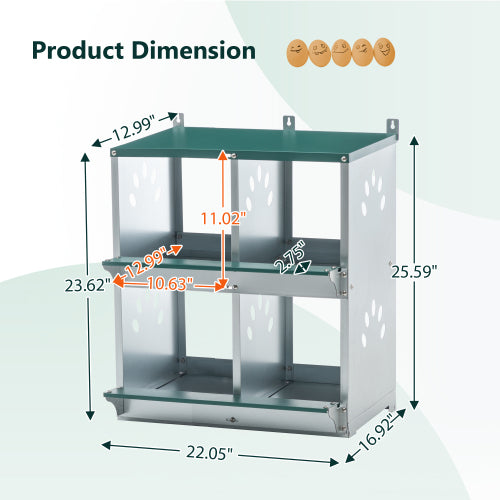 4 Compartment Metal Chicken Nesting Box Wall Mount Egg Laying Box for Poultry - Green