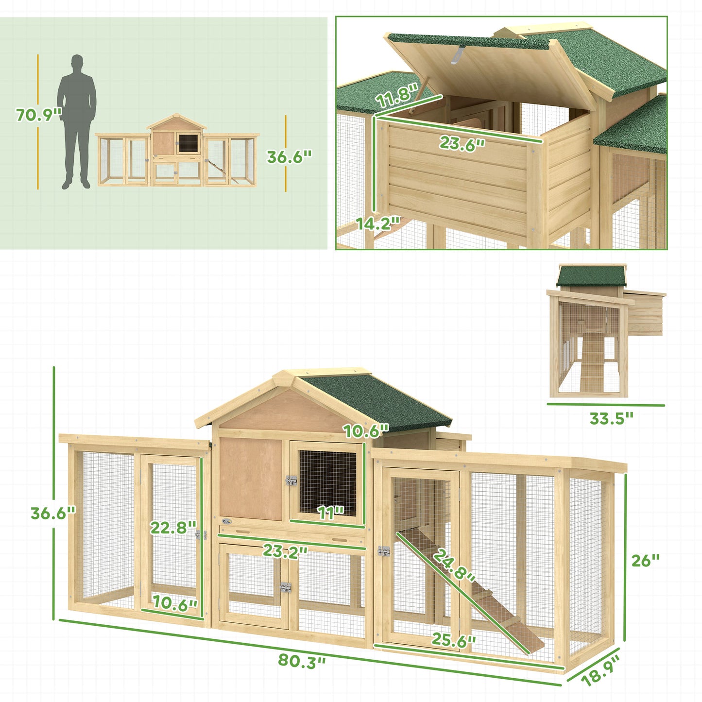 Wooden Chicken Coop with Nesting Box, Ramp & Removable Tray - Natural Wood 960x730mm